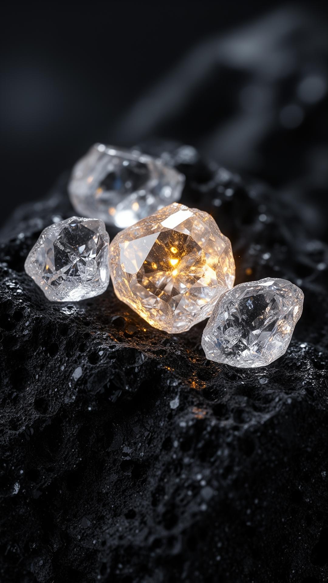 Raw glowing diamonds resting on dark volcanic rock